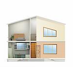 House cut with interiors and right part facade. Vector illustration
