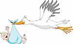 Humorous illustration of a Stork carrying a Baby Boy.