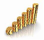 abstract 3d illustration of rising golden coins charts, over white background