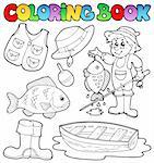 Coloring book with fishing gear - vector illustration.