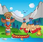 Indian village with totem and canoe - vector illustration.