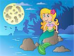 Night seascape with cartoon mermaid - vector illustration.