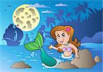 Night seascape with swimming mermaid - vector  illustration.