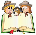 Opened book with two scouts and dog - vector illustration.