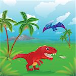 Cute dinosaurs in prehistoric scene. Series of three illustrations that can be used separately or side by side to form panoramic landscape.