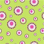 Pattern design (seamless vector) with bright colored flowers in pink, purple, green