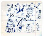 Vector Christmas and New Year doodle illustrations on linked paper