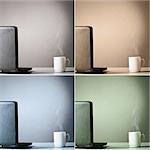 laptop and cup of hot evaporating coffee on table, toned in different colors
