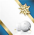 golden bow on a ribbon with white and blue background - vector Christmas card