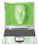 A conceptual business technology background. Woman avatar face forming and coming out of laptop screen.