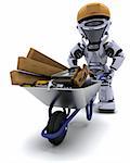 3D render of a robot builder with a wheel barrow carrying tools