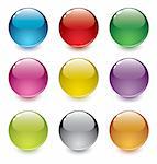 Vector illustration of 9 shiny, glossy, realistic, dimensional, colorful spheres; easy to edit