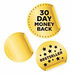 Vector illustration set of stylish stickers in gold for retail: 30 Day Money Back, Bestseller and blank sticker for your text. Stickers are isolated on white; easy to edit.