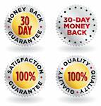 Vector illustration of four stylish labels / seals / signs in gold and silver for retail: Money Back Guarantee, 30-Day Money Back, 100% Satisfaction Guarantee, A Hundred Percent  Quality.