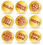 Vector illustration set of stylish glossy round stickers in gold and red for retail and other use: Sold, Price Break, Sale, Buy 1 Get 1 Free, Buy, Hot, Free, 25% Off. Stickers are isolated on white; easy to edit.