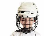 Young boy in hockey helmet isolated on pure white background