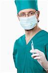 The anesthesiologist keeps the syringe on white background
