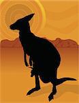 A silhouette of a kangaroo with her joey on a background of the outback with an aboriginal sun.