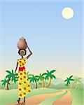 an illustration of an african lady with a pot walking down a dirt track with coconut palms under a blue sky