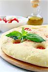 Italian Focaccia bread with tomatoes and basil on a cutting board