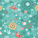 seamless floral pattern with clouds and birds on a bright green background