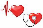 2 Hearts, Heart Beats And Stethoscope And Heart, Isolated On White Background, Vector Illustration