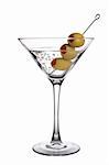 An Olive Martini Cocktail with bubbles on white background