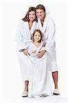 Young family with a child in overalls on a white background