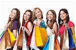 Smiling girl with a bag on a white background