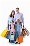 Family with shopping bags on a white background