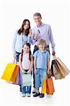 Families with credit cards and shopping on a white background