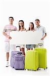 Young people with suitcases and empty billboard on a white background