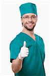 Attractive doctor with a thumb up isolated