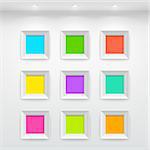Gallery Interior with empty colorful frames on wall