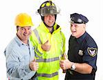 Friendly blue collar workers - fireman, policeman, construction worker - giving thumbs up sign.  Isolated on white.