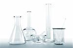 transparent glassware lab kit on white background