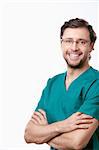 Smiling surgeon on white background