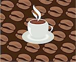 Vector illustration of cup of coffee on coffee beans background