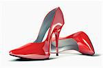 3D illustration of pair strict red classical female evening shoes
