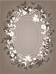 Decorative brown floral background with  flowers and butterflies frame.