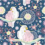 floral seamless pattern of kissing parrots on a dark blue background