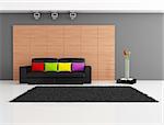 black couch with cushion against wooden panel - rendering