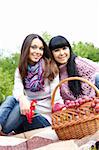 Mother and daughter sitting at a picnic on a blanket next to baskets full of fruit and wine