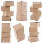 Brown cardboard boxes arranged in stack on white background