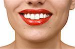 Smiling woman mouth with great white teeth. Over white background