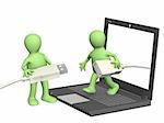 3d puppets with laptop and usb cables. Isolated over white