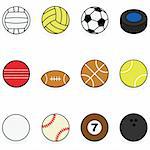 Set with cartoon balls for different sports: volleyball, water polo, soccer, hockey, cricket, football, basketball, tennis, golf, baseball, billiards and bowling