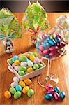easter eggs on a wooden table with some decoration element