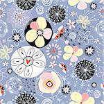 seamless floral pattern with ladybirds on a blue background