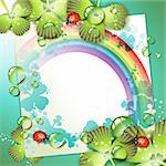 Sheet of paper with rainbow and clover over springtime background